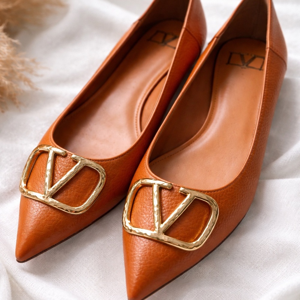 Valentino Orange Leather Flats with Gold Accent